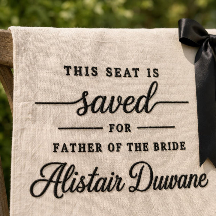 Embroidered Memorial Chair Runner, Cotton-Linen Lace Trim, Personalized Remembrance Sign
