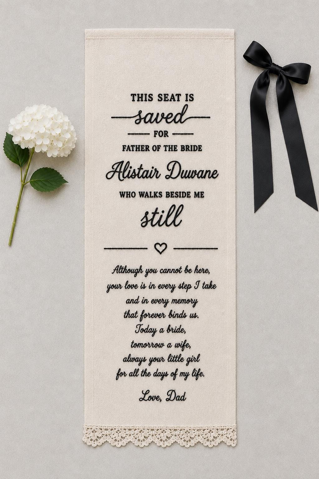 Embroidered Memorial Chair Runner, Cotton-Linen Lace Trim, Personalized Remembrance Sign – view 4