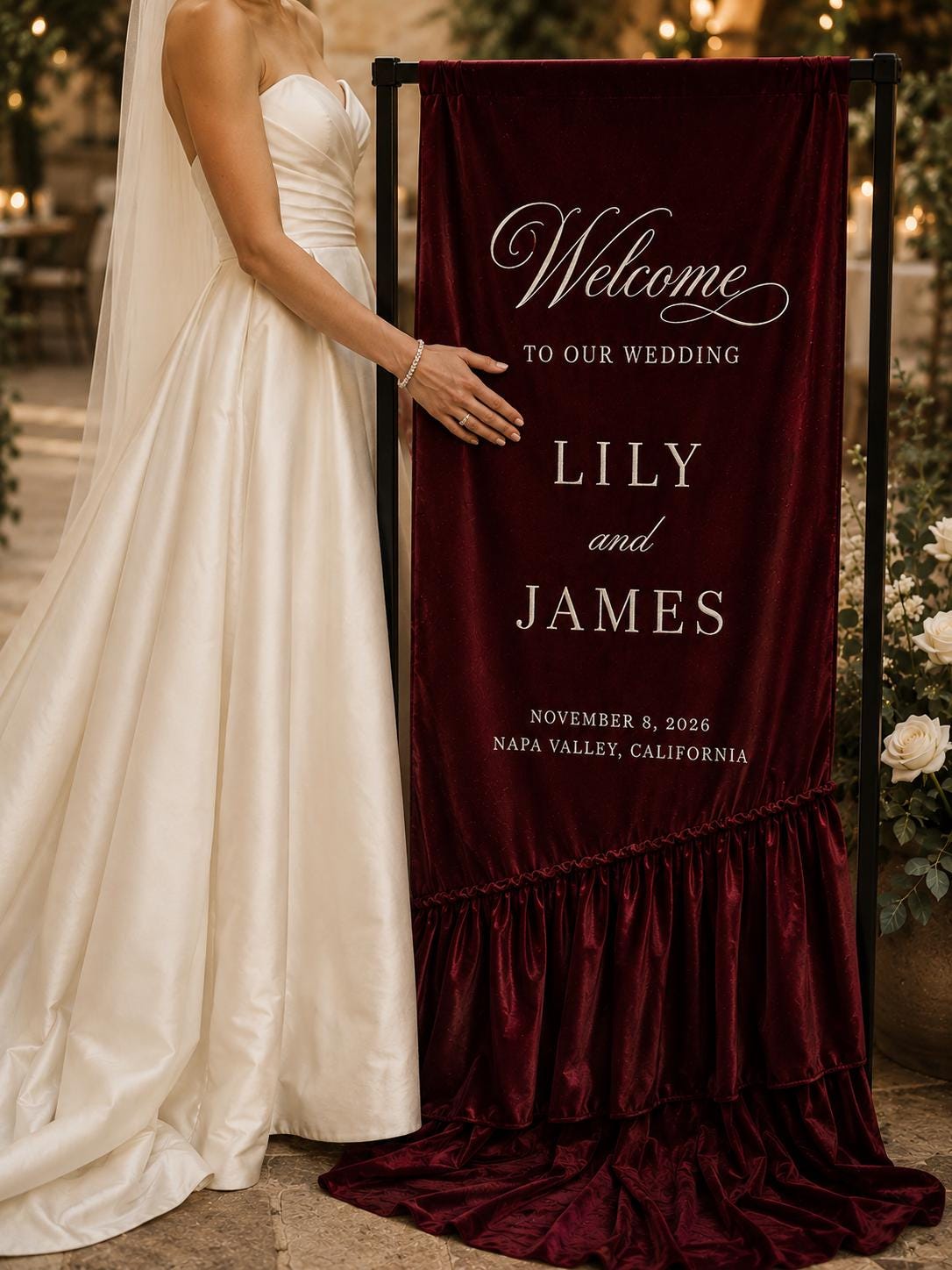 Burgundy Satin Wedding Welcome Sign, Custom Printed Ruffle Banner, Personalized Names Ceremony Backdrop – view 3