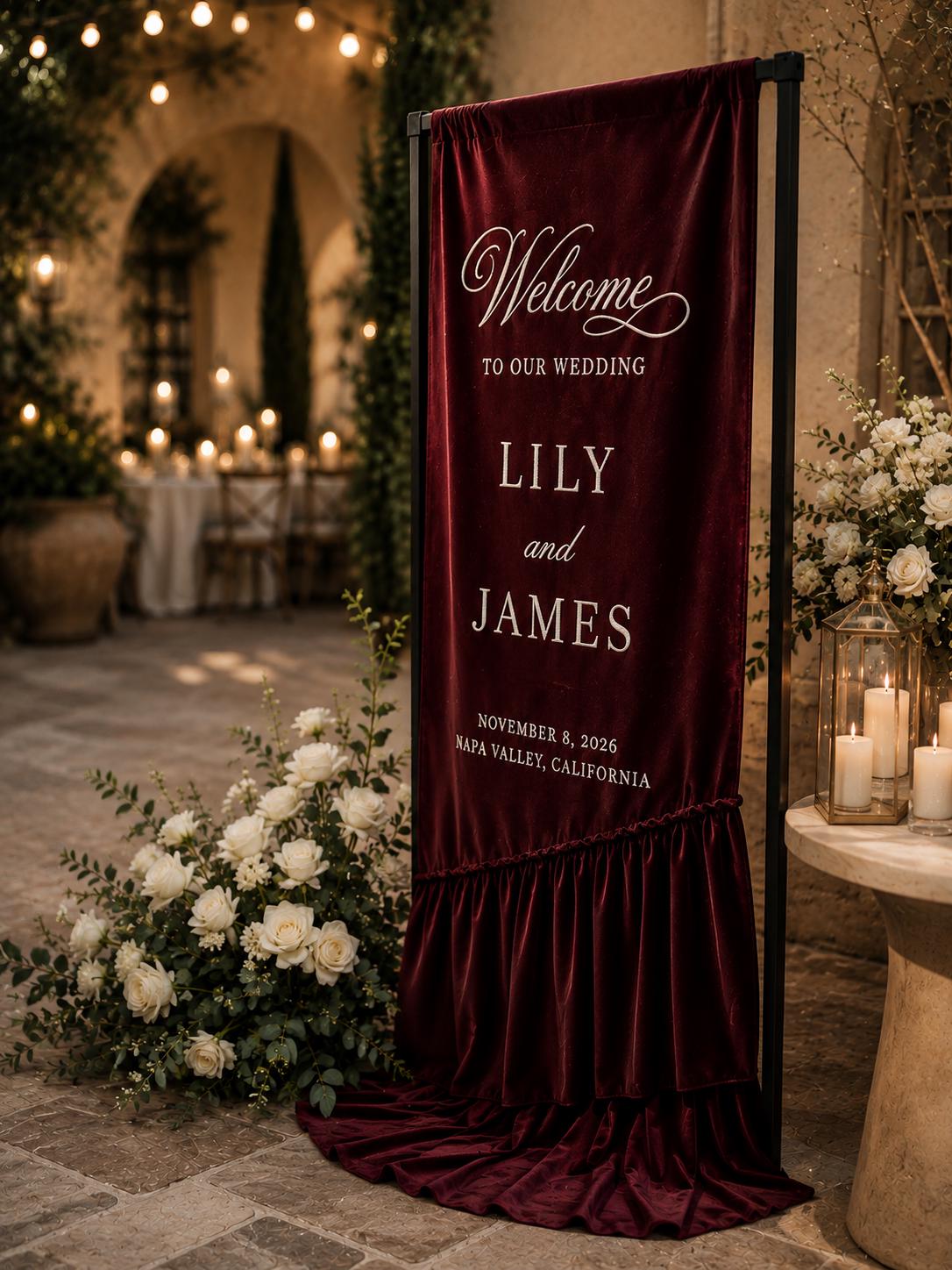 Burgundy Satin Wedding Welcome Sign, Custom Printed Ruffle Banner, Personalized Names Ceremony Backdrop – view 2