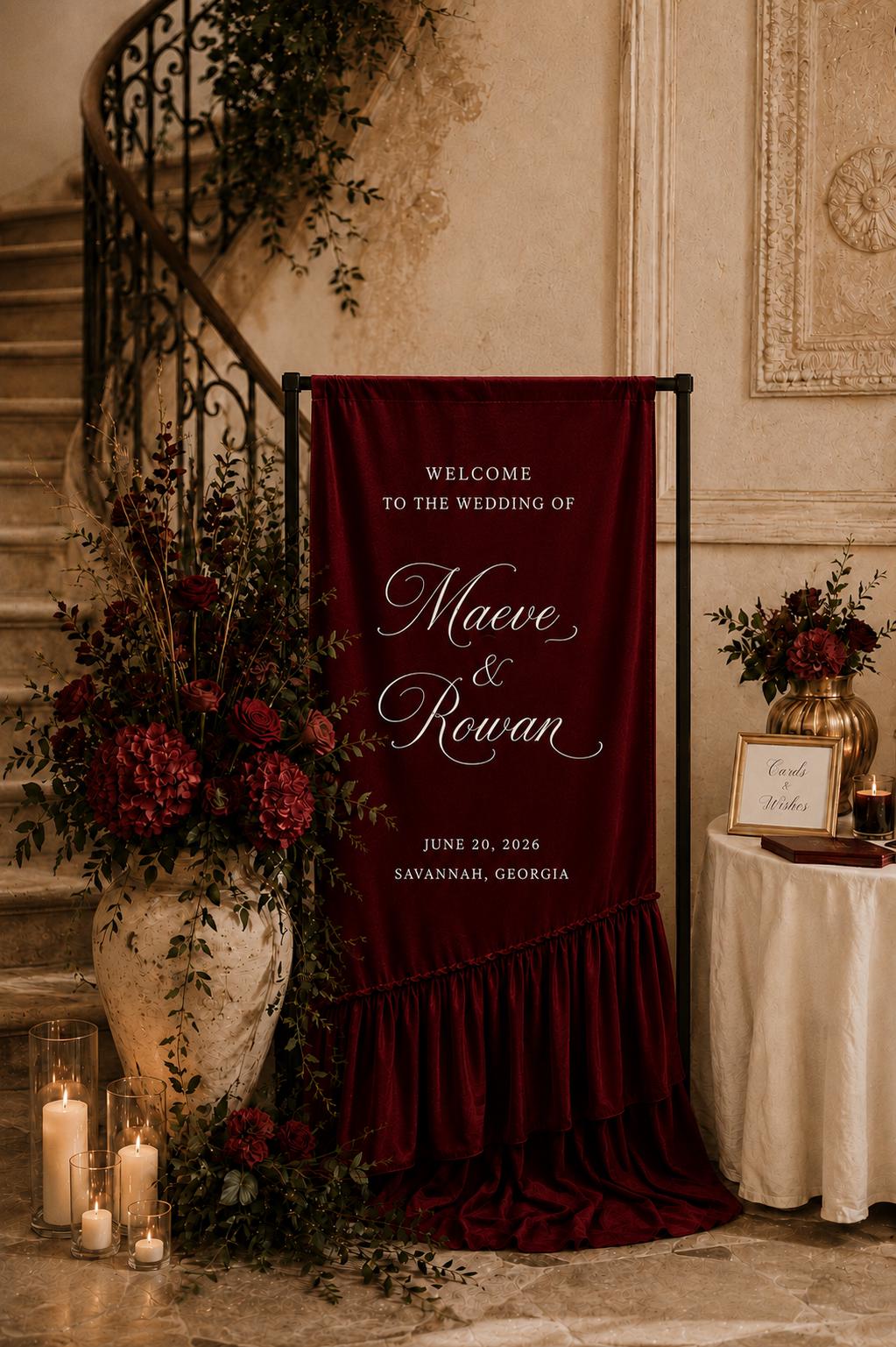 Burgundy Satin Wedding Welcome Sign, Custom Printed Ruffle Banner, Personalized Names Ceremony Backdrop – view 4