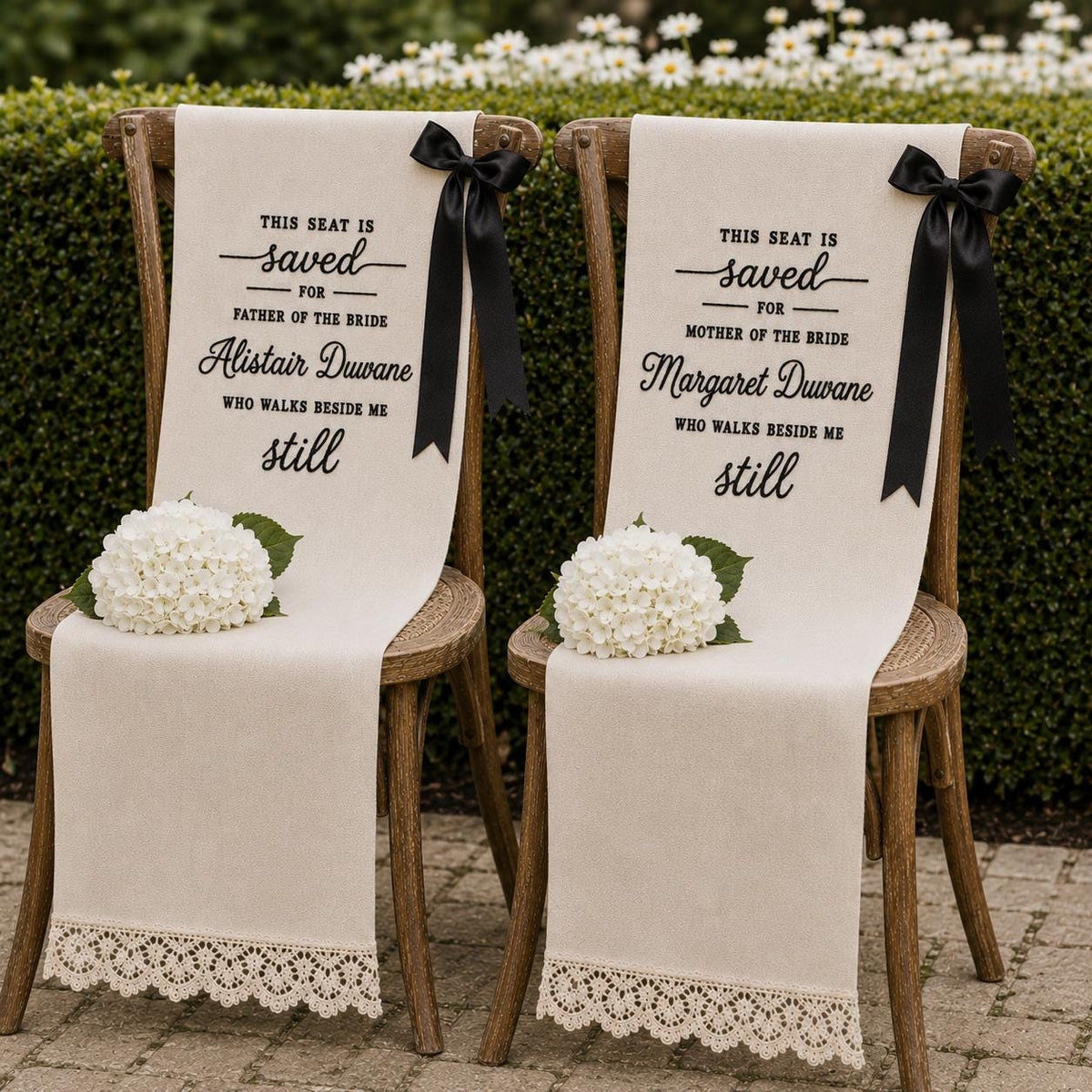Embroidered Memorial Chair Runner, Cotton-Linen Lace Trim, Personalized Remembrance Sign