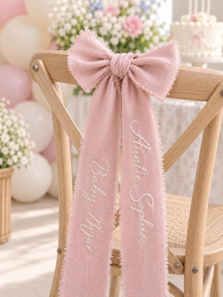 Personalized Embroidered Chair Bow, Custom Name Wedding Sash, Baby Shower Reserved Seat Sign