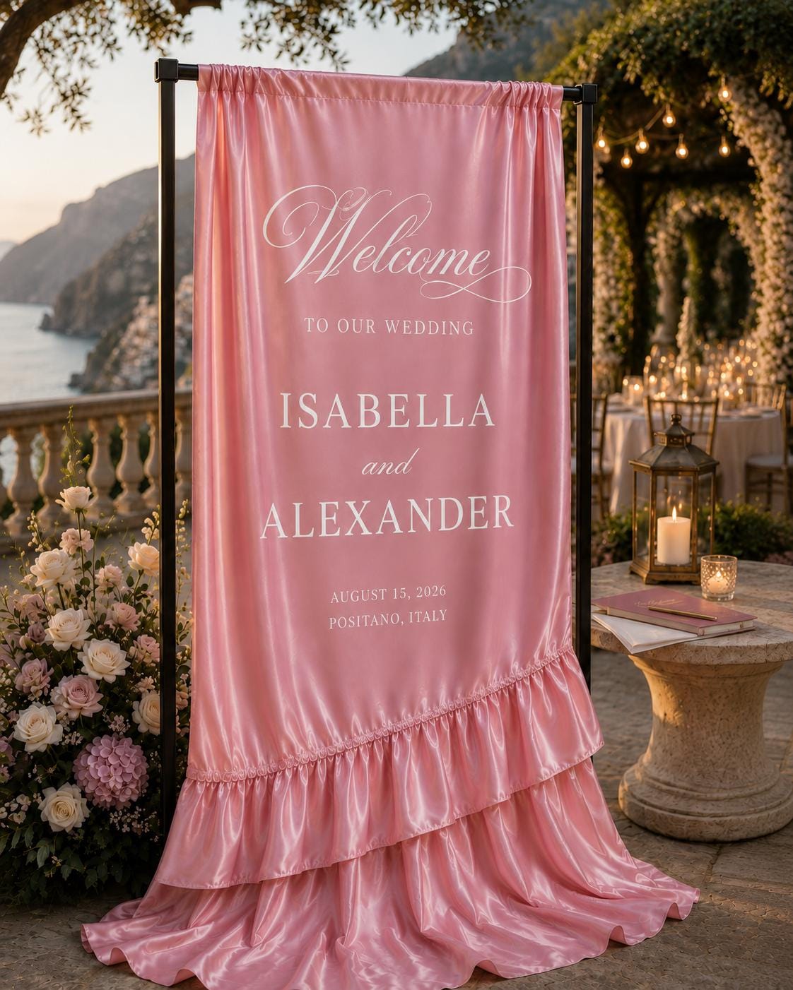 Custom Silk Wedding Welcome Banner, Ruffled Entrance Decor, Personalized Any Color – view 4