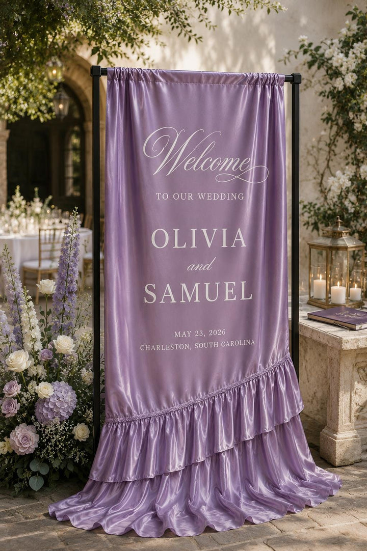 Custom Silk Wedding Welcome Banner, Ruffled Entrance Decor, Personalized Any Color