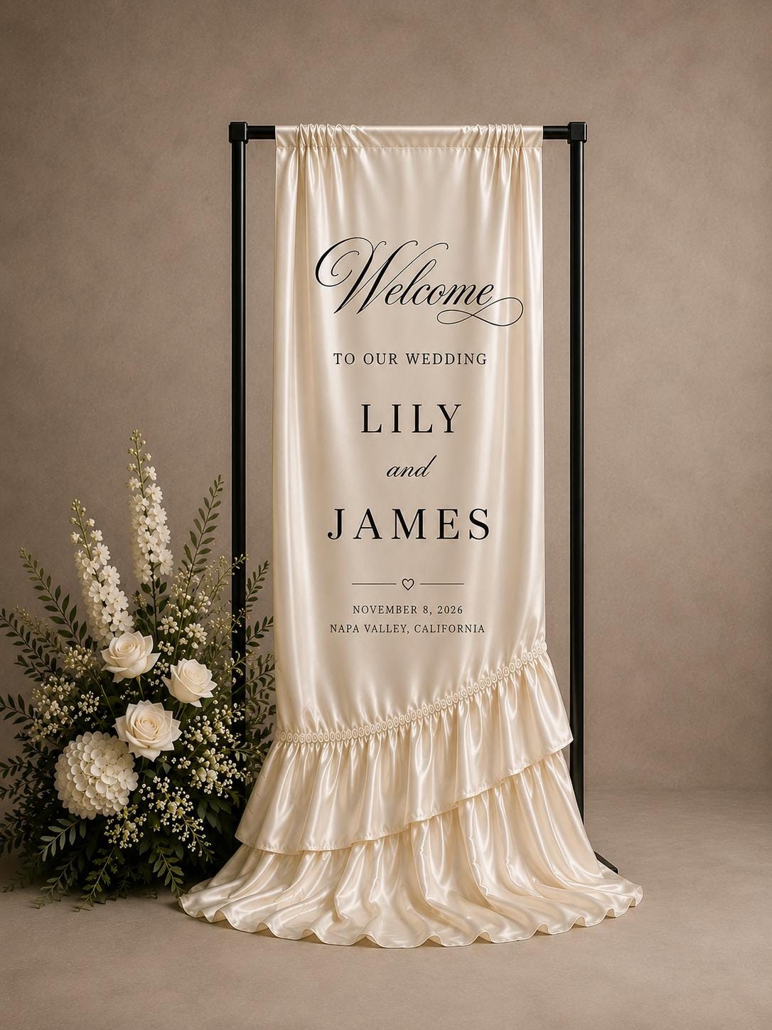 Custom Silk Wedding Welcome Banner, Ruffled Entrance Decor, Personalized Any Color