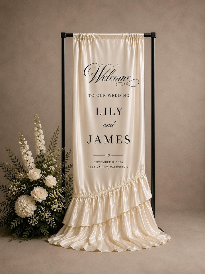 Custom Silk Wedding Welcome Banner, Ruffled Entrance Decor, Personalized Any Color