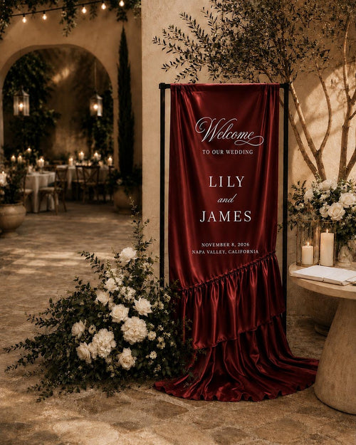 Burgundy Satin Wedding Welcome Sign, Custom Printed Ruffle Banner, Personalized Names Ceremony Backdrop