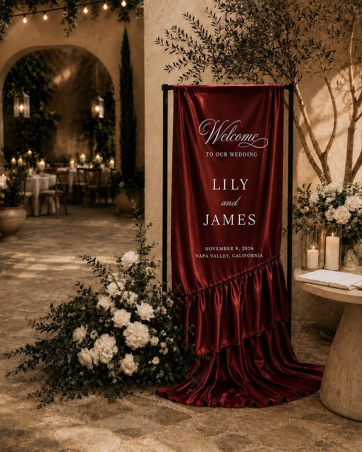 Burgundy Satin Wedding Welcome Sign, Custom Printed Ruffle Banner, Personalized Names Ceremony Backdrop