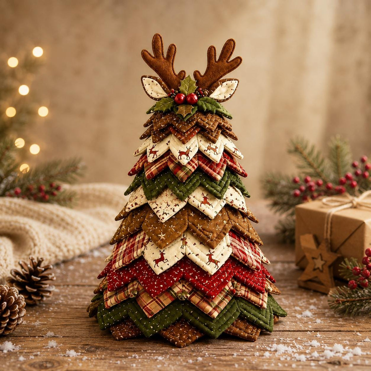 Hand-Stitched Fabric Christmas Tree Kit, Rustic Reindeer Holiday Decor, Beginner Craft Project
