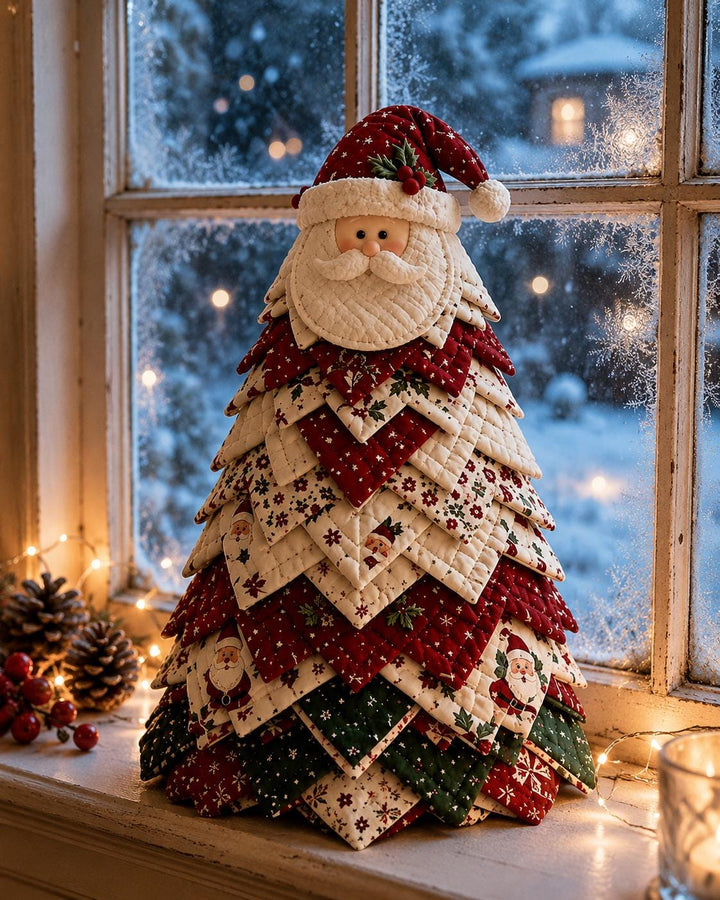 Hand-Stitched Fabric Santa Tree Kit, Quilted Patchwork Craft, Holiday Tabletop Decor