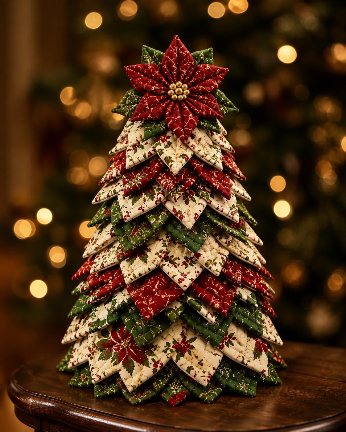 Hand-Stitched Fabric Christmas Tree Kit, Quilted Poinsettia Topper, DIY Patchwork Xmas Decor (7-8 Inch) – view 2
