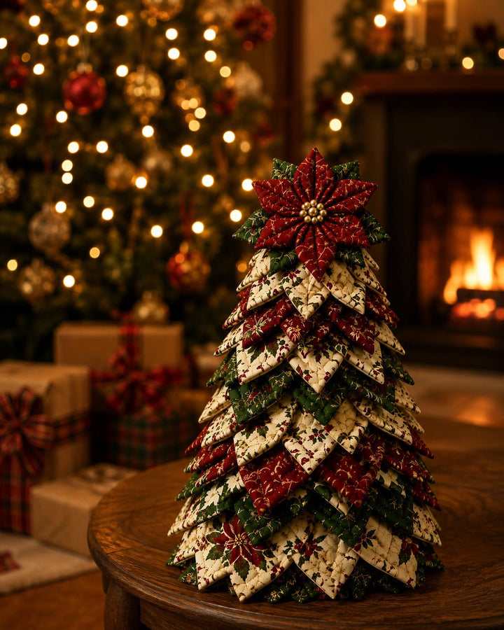 Hand-Stitched Fabric Christmas Tree Kit, Quilted Poinsettia Topper, DIY Patchwork Xmas Decor (7-8 Inch)