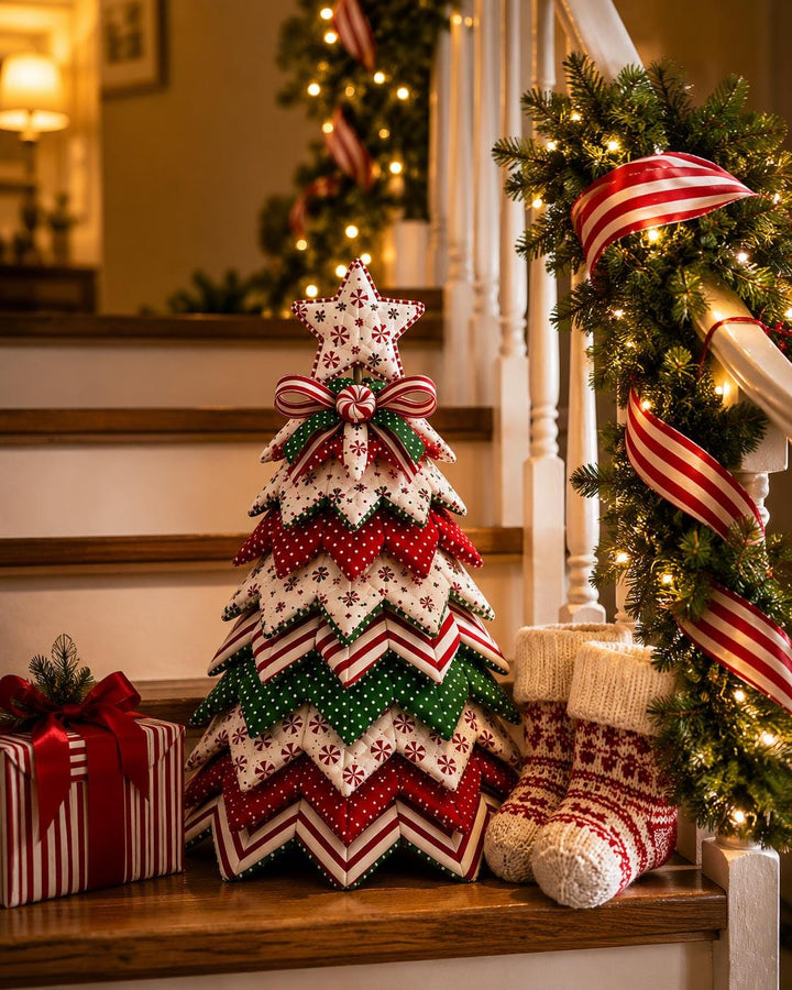Hand-Stitched Fabric Christmas Tree Kit, Quilted Peppermint Decor (Beginner DIY)