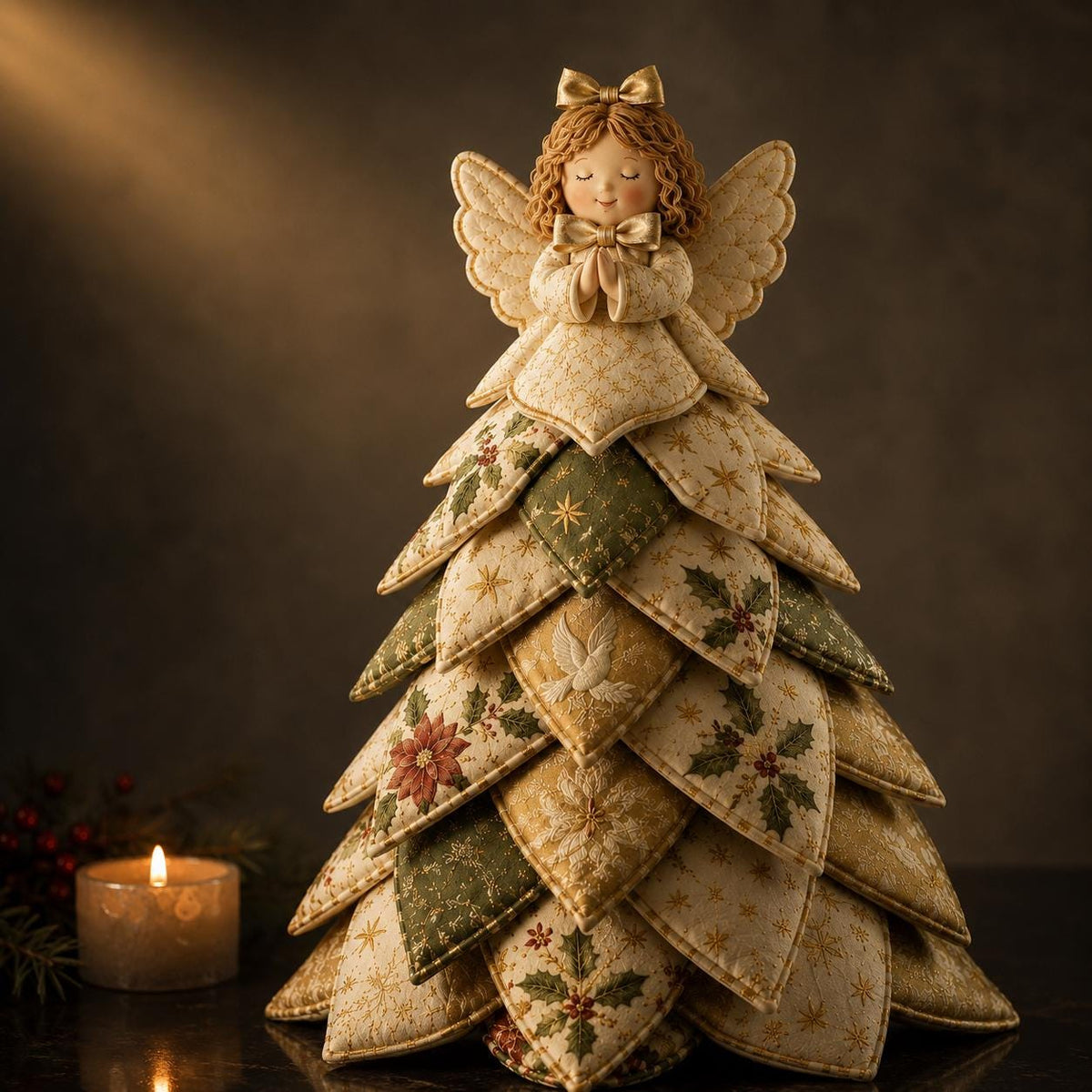 Hand-Stitched Fabric Angel Christmas Tree, Quilted Patchwork Craft Kit (Ivory Gold) – view 2