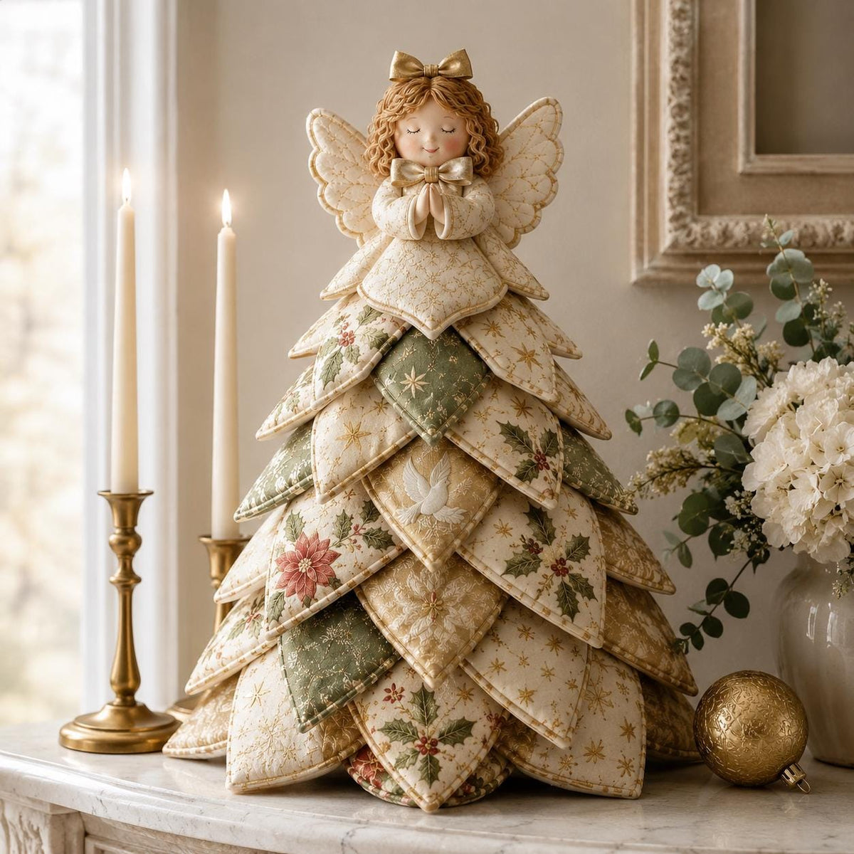 Hand-Stitched Fabric Angel Christmas Tree, Quilted Patchwork Craft Kit (Ivory Gold)