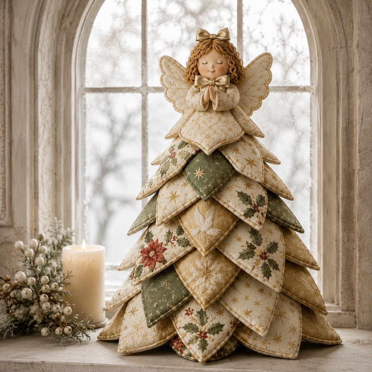 Hand-Stitched Fabric Angel Christmas Tree, Quilted Patchwork Craft Kit (Ivory Gold) – view 4
