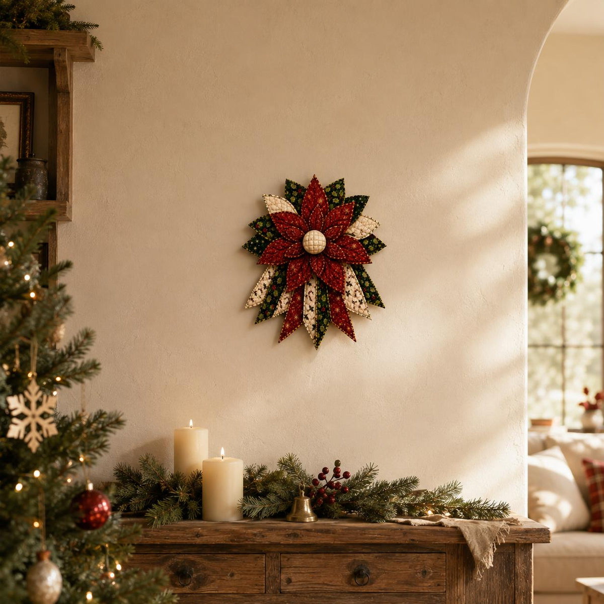 Quilted Poinsettia Bow Wreath, Hand-Stitched Fabric Christmas Door Hanger Kit, DIY Patchwork Craft Kit, Farmho – view 4