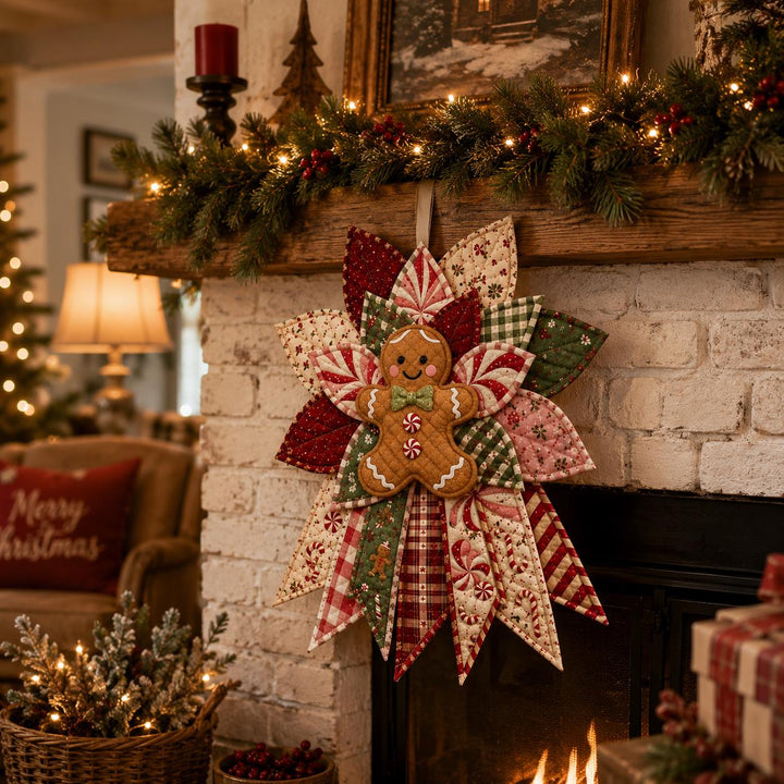 Hand-Stitched Gingerbread Man Wreath, Quilted Fabric Christmas Door Hanger (23 Inch)