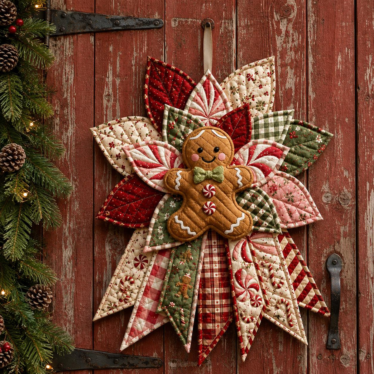 Hand-Stitched Gingerbread Man Wreath, Quilted Fabric Christmas Door Hanger (23 Inch) – view 5