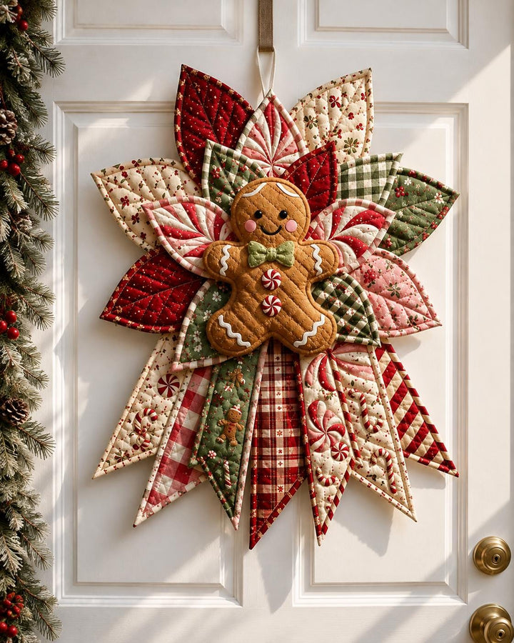Hand-Stitched Gingerbread Man Wreath, Quilted Fabric Christmas Door Hanger (23 Inch)