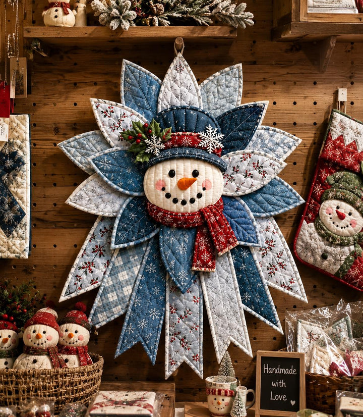Quilted Snowman Wreath, Hand-Stitched Fabric Winter Door Hanger Kit, DIY Patchwork Craft Kit, Blue Snowflake Farmhouse Door Decor
