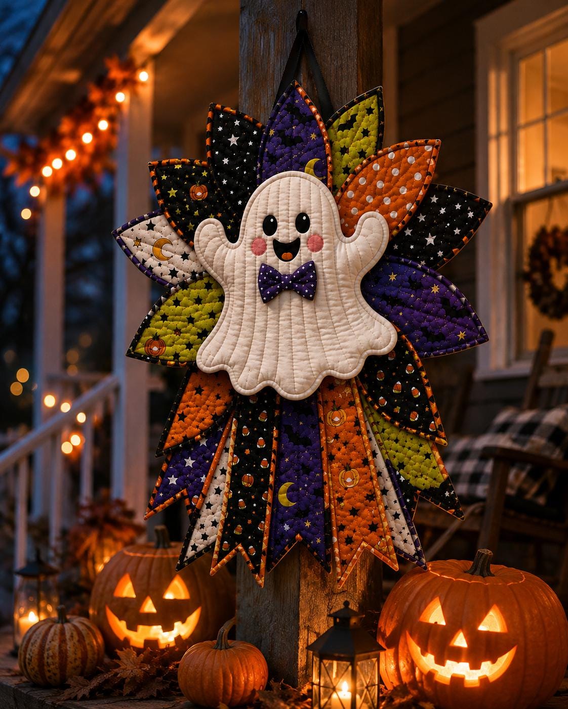 Hand-Stitched Fabric Halloween Door Hanger Kit, Quilted Ghost Wreath, DIY Patchwork Craft Kit, Spooky Cute Fro – view 3
