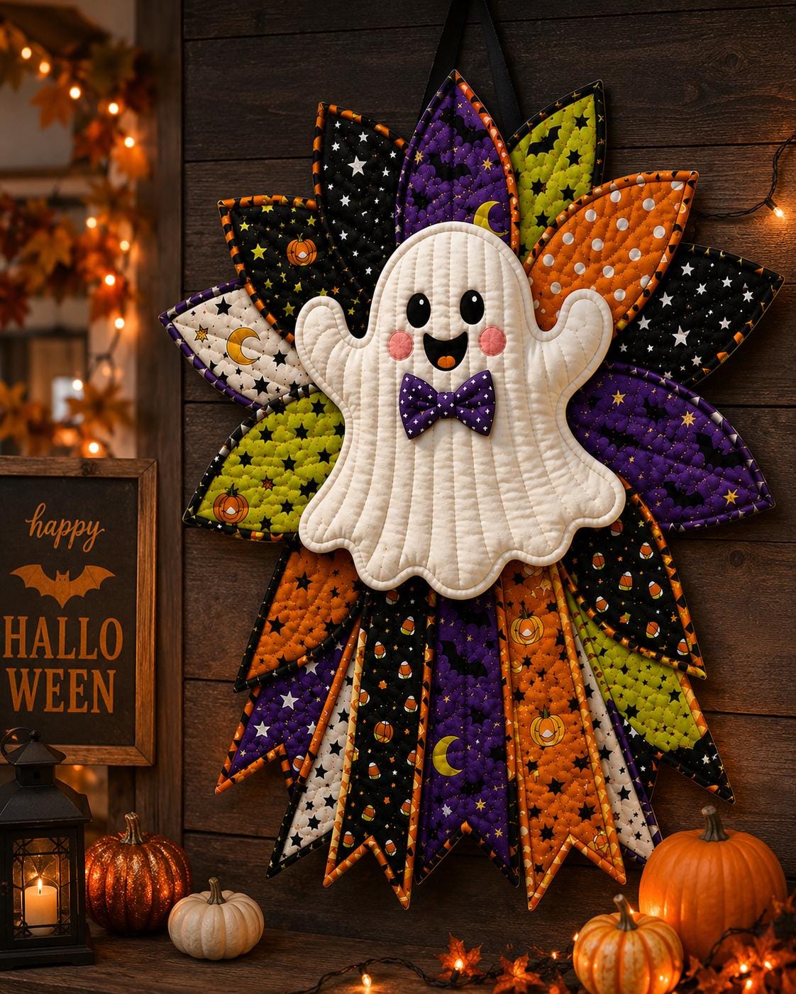 Hand-Stitched Fabric Halloween Door Hanger Kit, Quilted Ghost Wreath, DIY Patchwork Craft Kit, Spooky Cute Fro – view 2