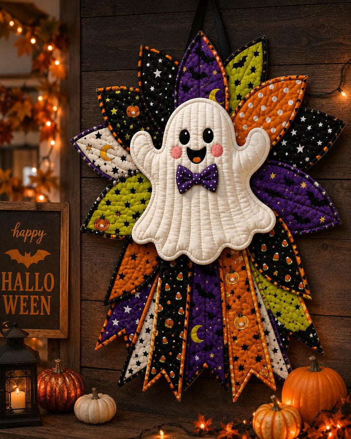 Hand-Stitched Fabric Halloween Door Hanger Kit, Quilted Ghost Wreath, DIY Patchwork Craft Kit, Spooky Cute Front Door Decor