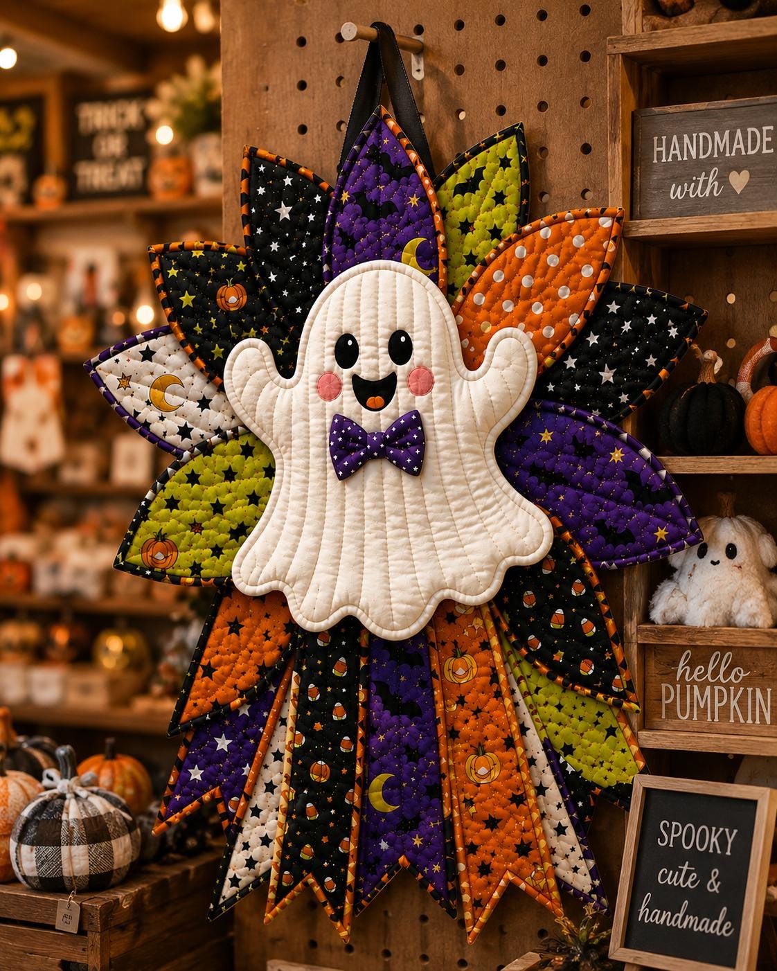 Hand-Stitched Fabric Halloween Door Hanger Kit, Quilted Ghost Wreath, DIY Patchwork Craft Kit, Spooky Cute Fro – view 5