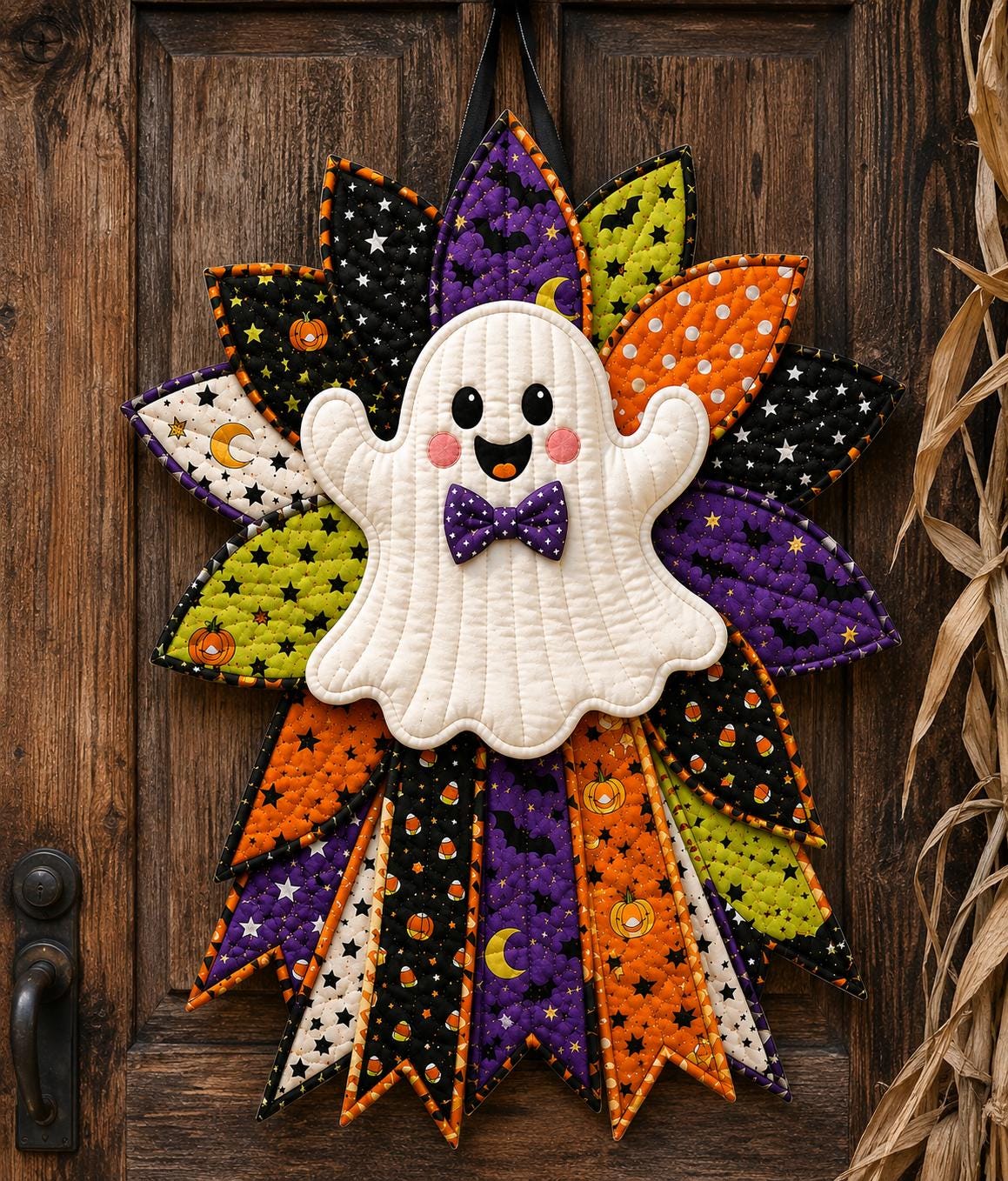 Hand-Stitched Fabric Halloween Door Hanger Kit, Quilted Ghost Wreath, DIY Patchwork Craft Kit, Spooky Cute Fro