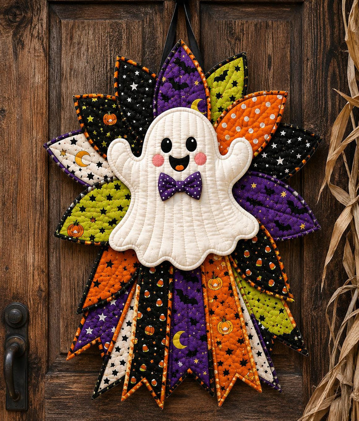 Hand-Stitched Fabric Halloween Door Hanger Kit, Quilted Ghost Wreath, DIY Patchwork Craft Kit, Spooky Cute Front Door Decor