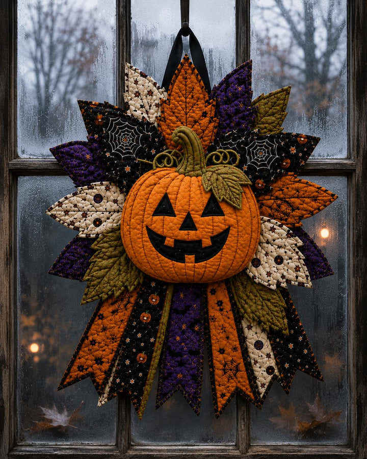 Hand-Stitched Quilted Pumpkin Wreath, Fabric Halloween Door Hanger Kit, DIY Patchwork Craft Kit, Jack O Lantern Front Door Decor, Beginner