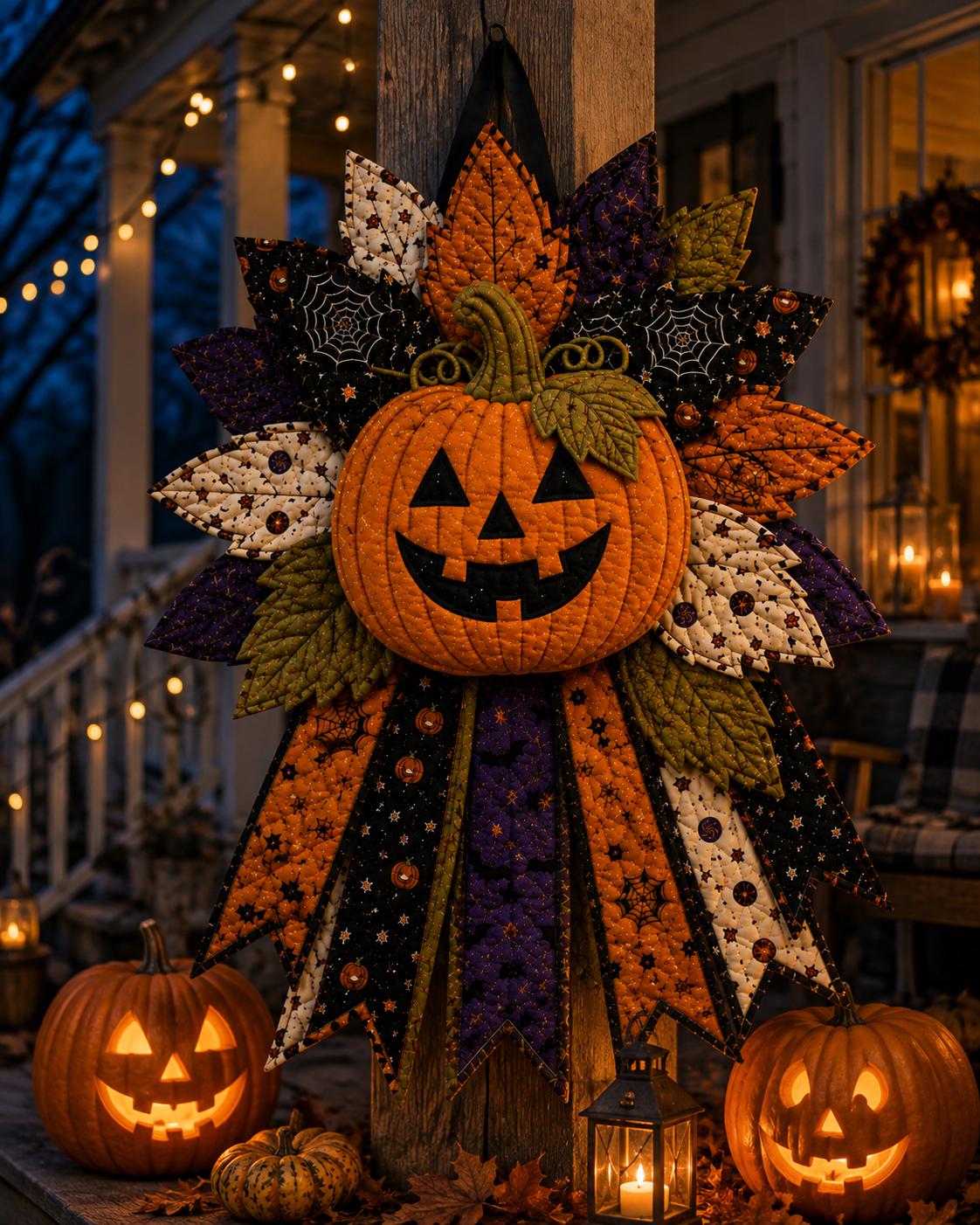 Hand-Stitched Quilted Pumpkin Wreath, Fabric Halloween Door Hanger Kit, DIY Patchwork Craft Kit, Jack O Lanter – view 3