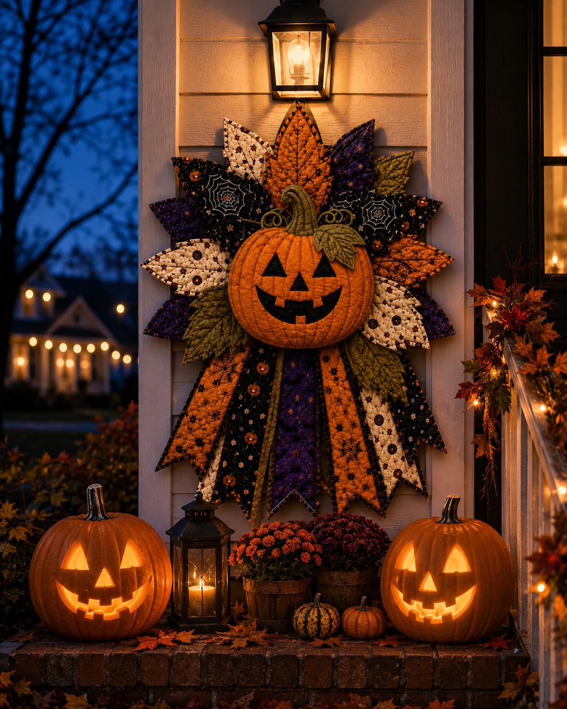 Hand-Stitched Quilted Pumpkin Wreath, Fabric Halloween Door Hanger Kit, DIY Patchwork Craft Kit, Jack O Lanter