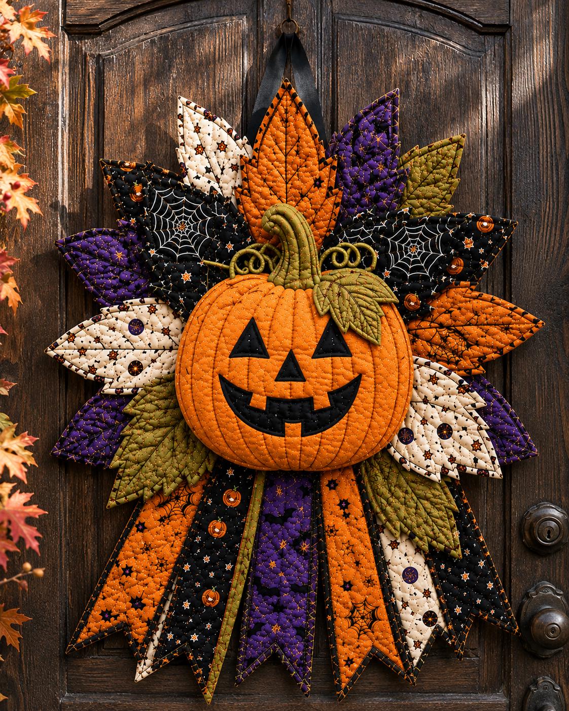 Hand-Stitched Quilted Pumpkin Wreath, Fabric Halloween Door Hanger Kit, DIY Patchwork Craft Kit, Jack O Lanter – view 4