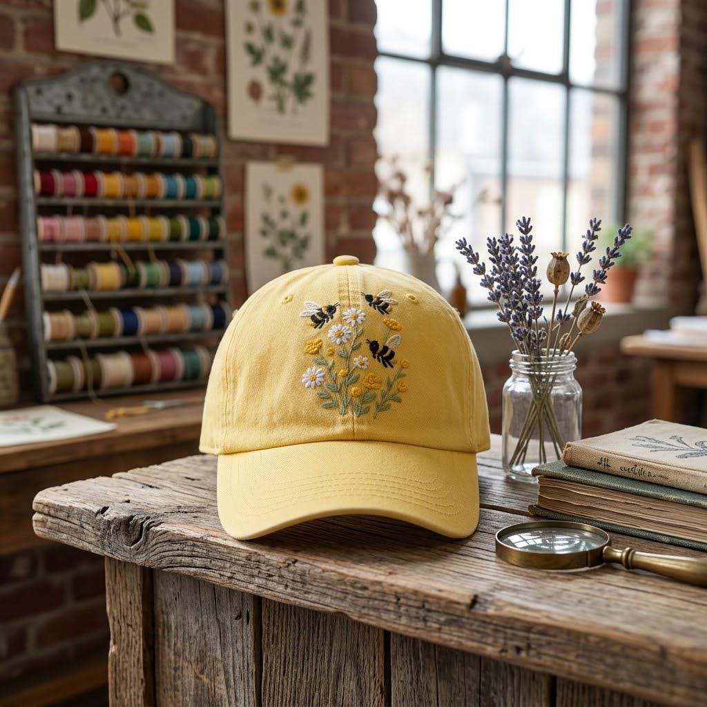 Embroidered Bumble Bee Hat, Wildflower Floral Cap, Bee Lover Gift, Gardener Nature Lover Washed Dad Hat – view 3