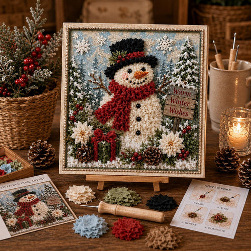 3D Fabric Poke Art DIY Kit, Snowman Warm Winter Wishes, Punch Needle Craft Kit with Frame, Christmas Wall Deco