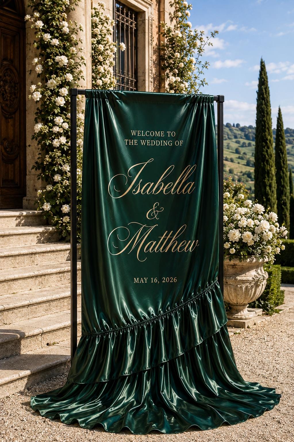 Custom Silk Wedding Welcome Banner, Ruffled Entrance Decor, Personalized Any Color – view 3