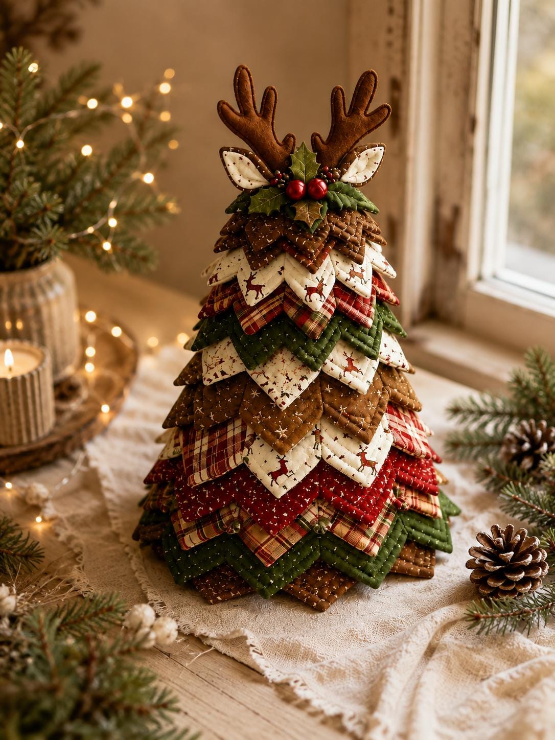 Hand-Stitched Fabric Christmas Tree Kit, Rustic Reindeer Holiday Decor, Beginner Craft Project – view 2
