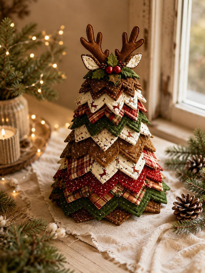Hand-Stitched Fabric Christmas Tree Kit, Rustic Reindeer Holiday Decor, Beginner Craft Project