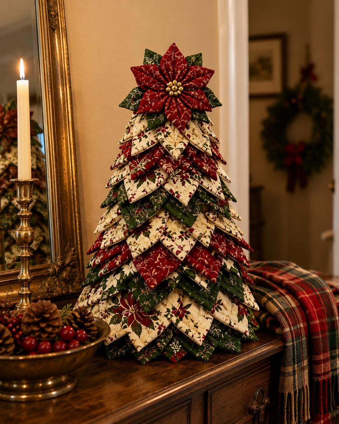 Hand-Stitched Fabric Christmas Tree Kit, Quilted Poinsettia Topper, DIY Patchwork Xmas Decor (7-8 Inch) – view 3