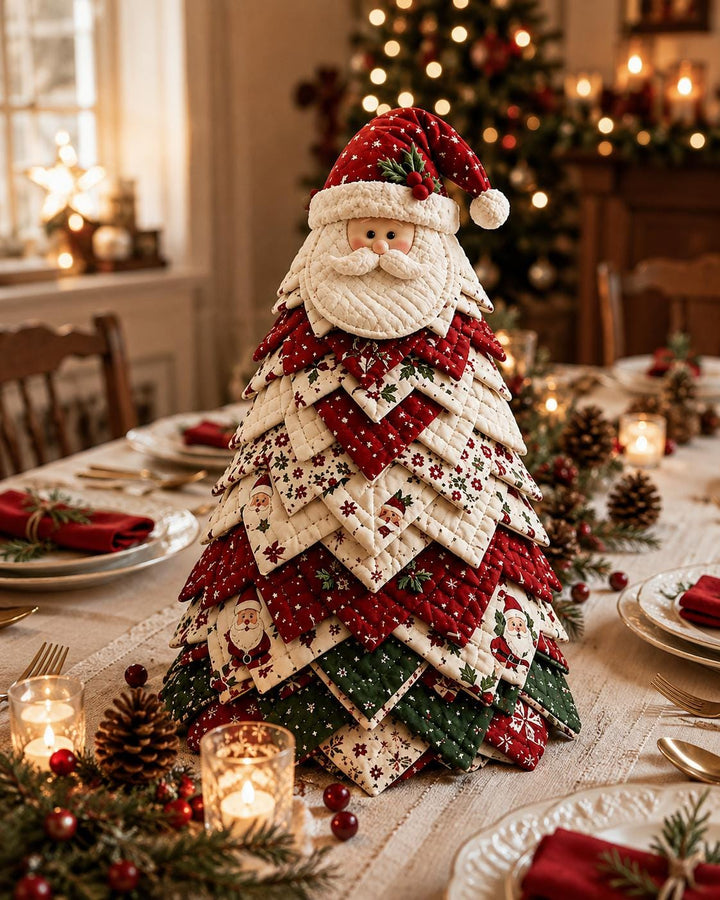 Hand-Stitched Fabric Santa Tree Kit, Quilted Patchwork Craft, Holiday Tabletop Decor