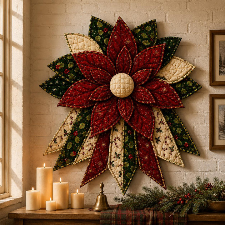 Quilted Poinsettia Bow Wreath, Hand-Stitched Fabric Christmas Door Hanger Kit, DIY Patchwork Craft Kit, Farmhouse Front Door Decor