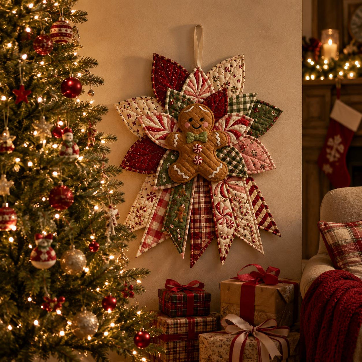 Hand-Stitched Gingerbread Man Wreath, Quilted Fabric Christmas Door Hanger (23 Inch) – view 4
