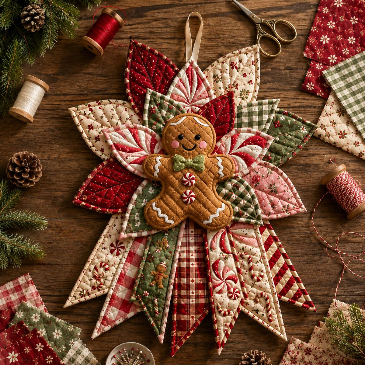 Hand-Stitched Gingerbread Man Wreath, Quilted Fabric Christmas Door Hanger (23 Inch) – view 3