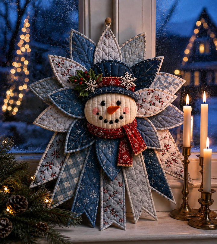 Quilted Snowman Wreath, Hand-Stitched Fabric Winter Door Hanger Kit, DIY Patchwork Craft Kit, Blue Snowflake Farmhouse Door Decor