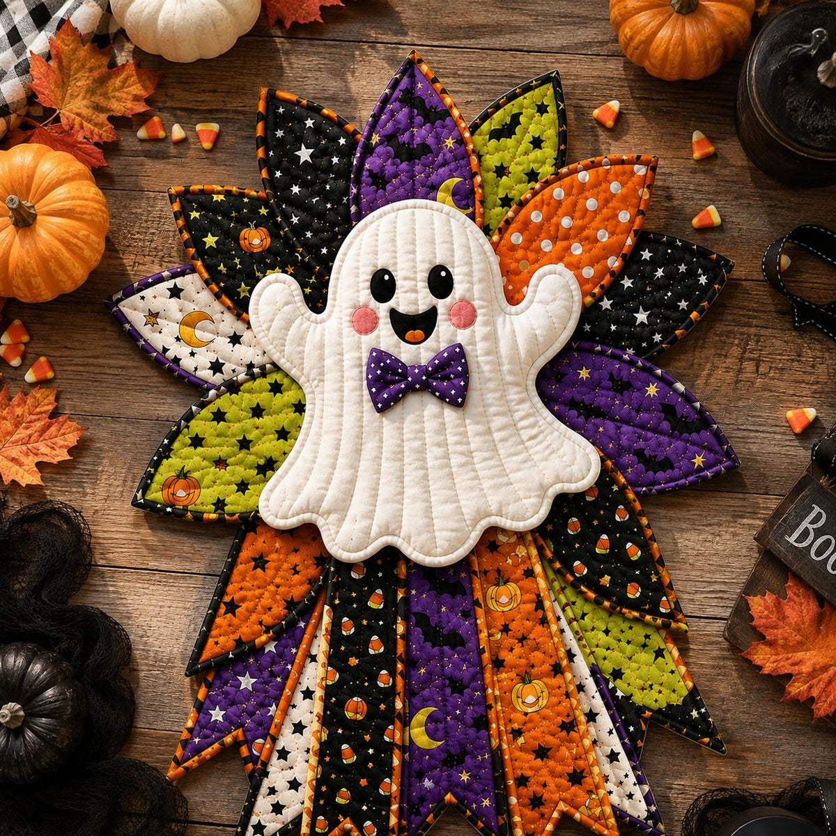Hand-Stitched Fabric Halloween Door Hanger Kit, Quilted Ghost Wreath, DIY Patchwork Craft Kit, Spooky Cute Fro – view 4
