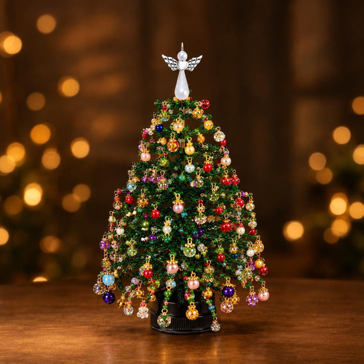 Handmade Glass Bead Christmas Tree, LED Lights, Angel Topper, Multicolor Ornaments