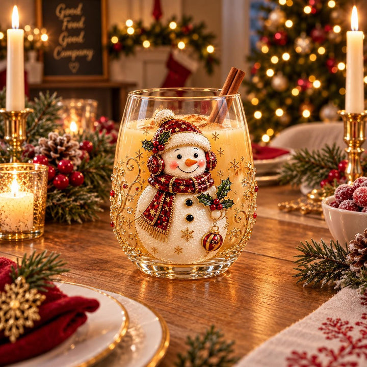 3D Embossed Snowman Stemless Wine Glass, Gold Snowflake Holiday Drinkware